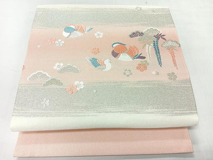 平和屋着物◎九寸名古屋帯　唐織　鴛鴦花文　銀糸　正絹　逸品　CABH1938nb