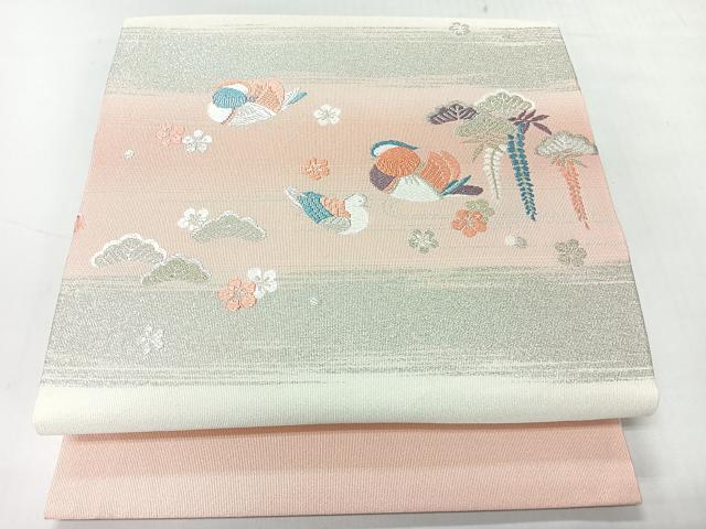 平和屋着物◎九寸名古屋帯　唐織　鴛鴦花文　銀糸　正絹　逸品　CABH1938nb