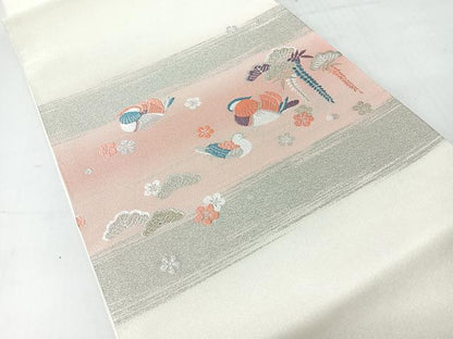 平和屋着物◎九寸名古屋帯　唐織　鴛鴦花文　銀糸　正絹　逸品　CABH1938nb