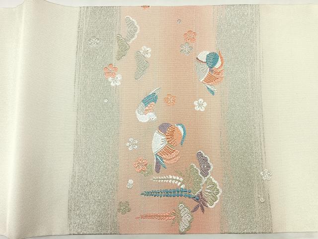 平和屋着物◎九寸名古屋帯　唐織　鴛鴦花文　銀糸　正絹　逸品　CABH1938nb