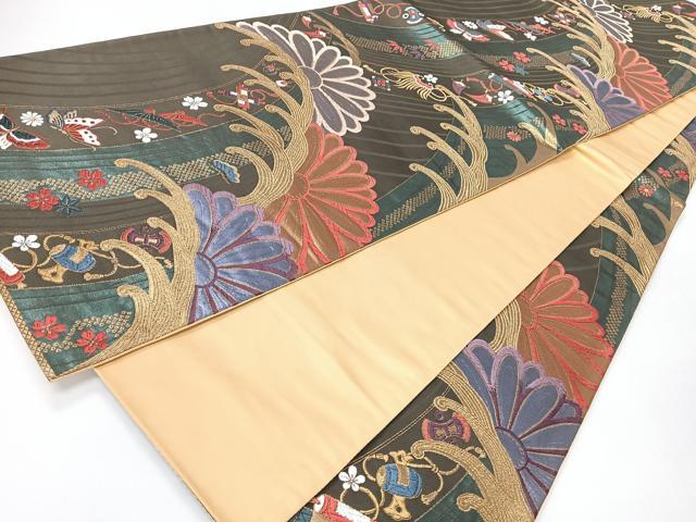 平和屋着物◎全通柄袋帯　唐織　優都里　立波花蝶文　正絹　逸品　CABH1941nb