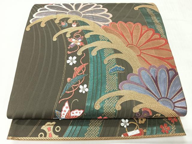 平和屋着物◎全通柄袋帯　唐織　優都里　立波花蝶文　正絹　逸品　CABH1941nb