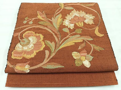 平和屋着物◎八寸名古屋帯　紬地　更紗草花文　正絹　逸品　CABH1956nb