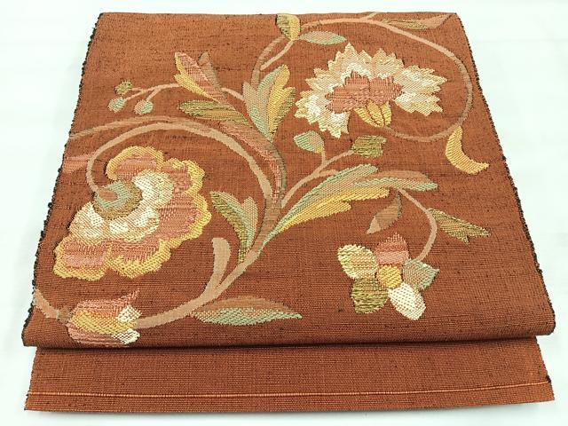 平和屋着物◎八寸名古屋帯　紬地　更紗草花文　正絹　逸品　CABH1956nb
