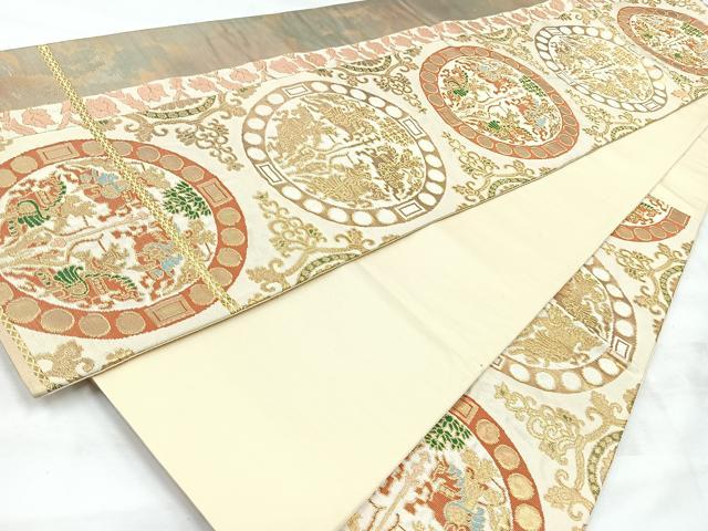 平和屋着物◎六通柄袋帯　向かい動物丸文　金糸　正絹　逸品　CABH1958nb