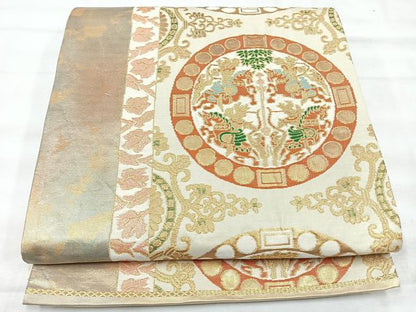平和屋着物◎六通柄袋帯　向かい動物丸文　金糸　正絹　逸品　CABH1958nb