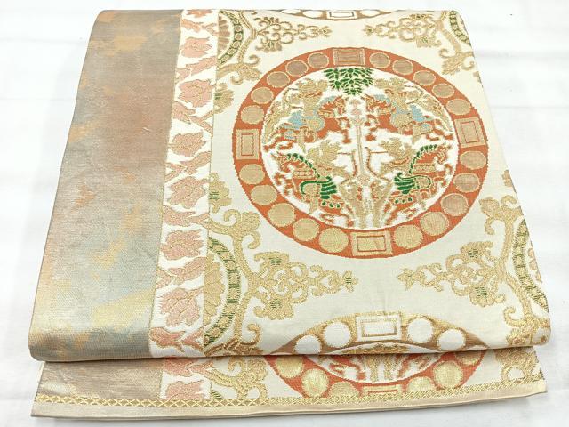 平和屋着物◎六通柄袋帯　向かい動物丸文　金糸　正絹　逸品　CABH1958nb