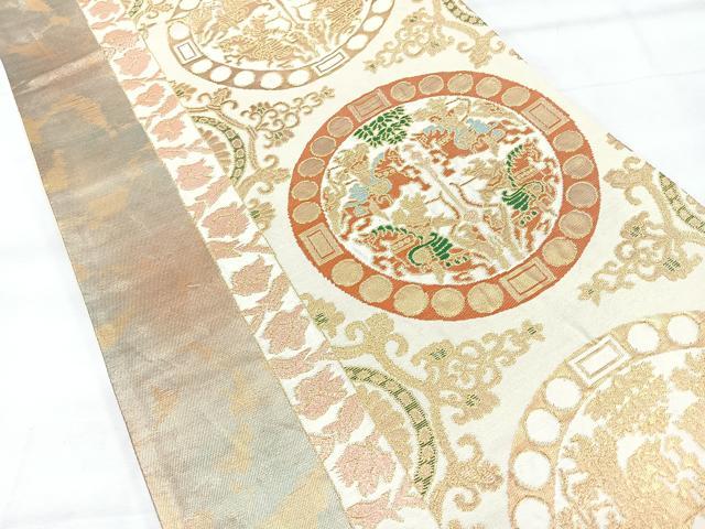 平和屋着物◎六通柄袋帯　向かい動物丸文　金糸　正絹　逸品　CABH1958nb