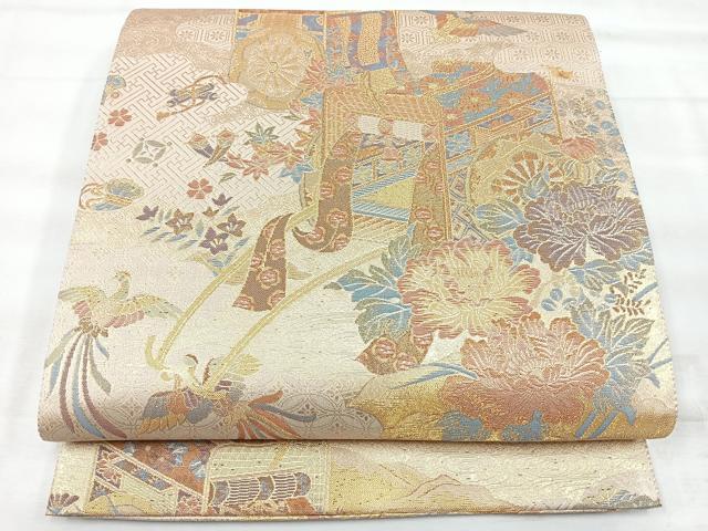 平和屋着物◎両面　六通柄袋帯　飛鳥御所車文　金糸　正絹　逸品　CABH1965nb
