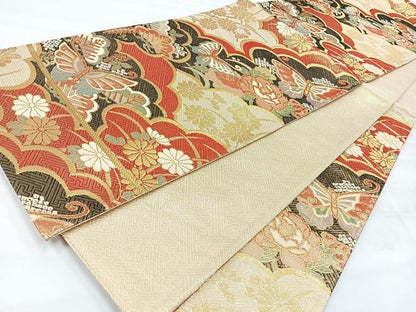 平和屋着物◎六通柄袋帯　雲取り花蝶文　金糸　正絹　逸品　CABH1970nb