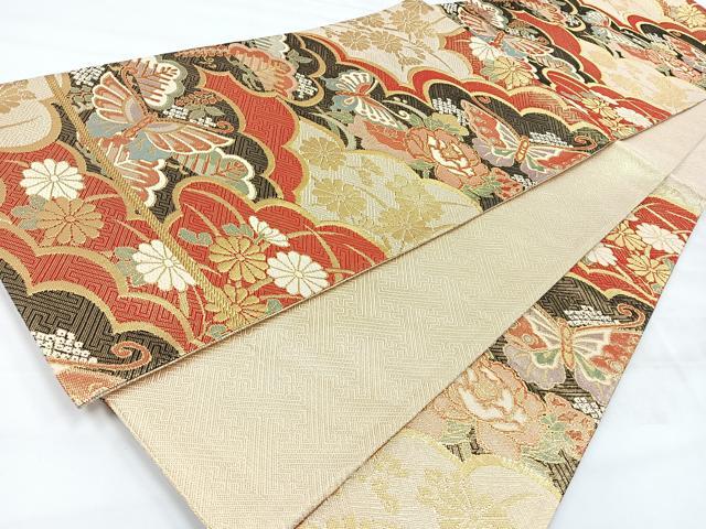 平和屋着物◎六通柄袋帯　雲取り花蝶文　金糸　正絹　逸品　CABH1970nb