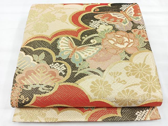 平和屋着物◎六通柄袋帯　雲取り花蝶文　金糸　正絹　逸品　CABH1970nb