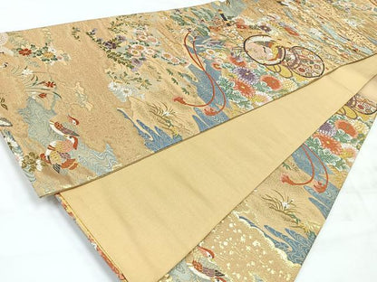 平和屋着物◎六通柄袋帯　重文扇能楽　金糸　正絹　逸品　CABH1972nb