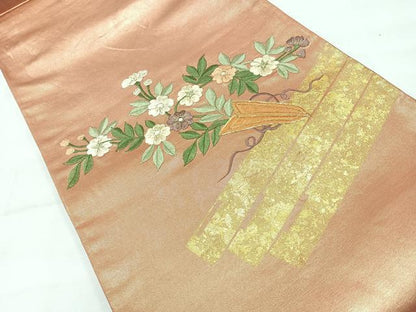 平和屋着物◎太鼓柄袋帯　駒刺繍　草花文　金糸　正絹　逸品　CABH1973nb