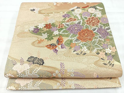 平和屋着物◎六通柄袋帯　唐織　流水花蝶文　金糸　正絹　逸品　CABH1974nb