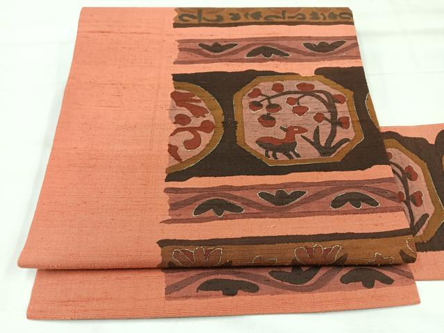 平和屋着物◎九寸名古屋帯　紬地　動物草花文　正絹　逸品　未使用　CABH2000nb