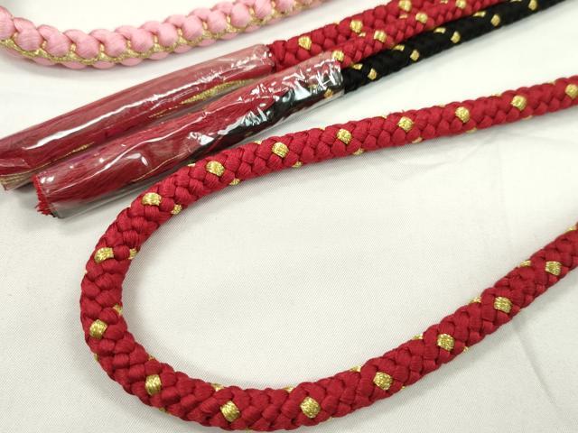 平和屋着物▼和装小物　帯締め３本セット　振袖用　飾り付き　パール　ピンク　赤×黒　草色　金糸　逸品　未使用　CABH2136ju
