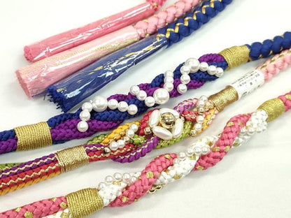 平和屋着物▼和装小物　帯締め３本セット　振袖用　飾り付き　パール　ピンク　今様色　瑠璃紺　金糸　逸品　未使用　CABH2139ju
