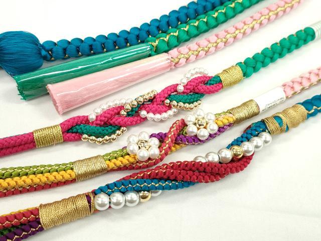 平和屋着物▼和装小物　帯締め３本セット　振袖用　飾り付き　パール　シアン　ピンク　エメラルドグリーン　金糸　逸品　未使用CABH2140ju