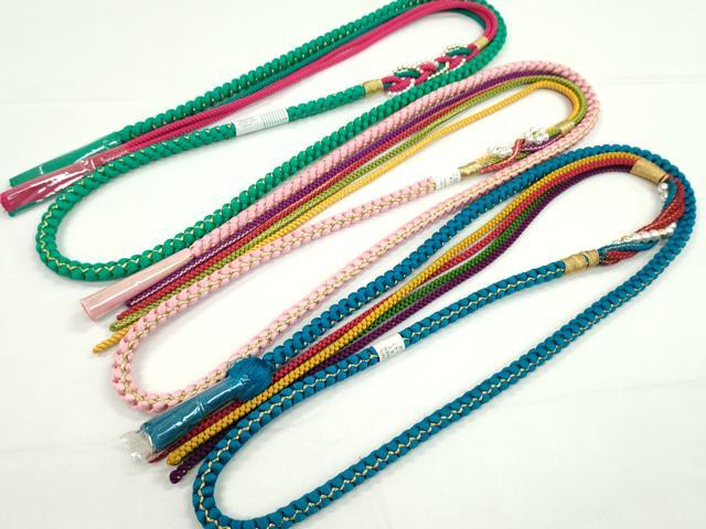 平和屋着物▼和装小物　帯締め３本セット　振袖用　飾り付き　パール　シアン　ピンク　エメラルドグリーン　金糸　逸品　未使用CABH2140ju