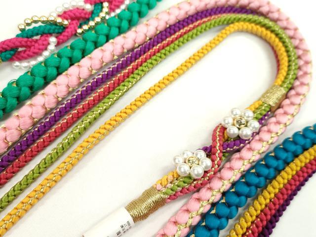 平和屋着物▼和装小物　帯締め３本セット　振袖用　飾り付き　パール　シアン　ピンク　エメラルドグリーン　金糸　逸品　未使用CABH2140ju