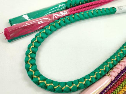 平和屋着物▼和装小物　帯締め３本セット　振袖用　飾り付き　パール　シアン　ピンク　エメラルドグリーン　金糸　逸品　未使用CABH2140ju