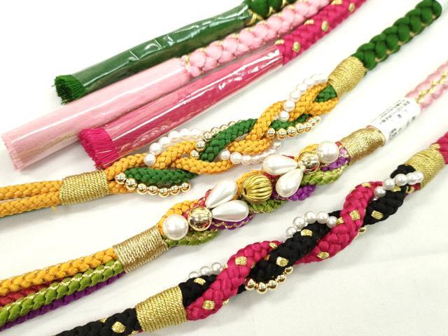 平和屋着物▼和装小物　帯締め３本セット　振袖用　飾り付き　パール　ピンク　ルビー色　千歳緑　金糸　逸品　未使用　CABH2143ju