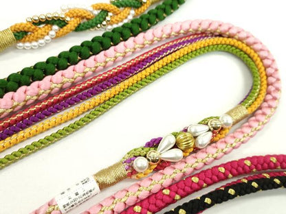 平和屋着物▼和装小物　帯締め３本セット　振袖用　飾り付き　パール　ピンク　ルビー色　千歳緑　金糸　逸品　未使用　CABH2143ju