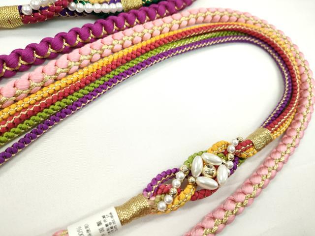 平和屋着物▼和装小物　帯締め３本セット　振袖用　飾り付き　パール　ピンク　紫　赤　金糸　逸品　未使用　CABH2144ju