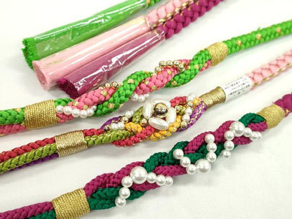 平和屋着物▼和装小物　帯締め３本セット　振袖用　飾り付き　パール　萌黄色　薄ピンク　梅紫　金糸　逸品　未使用　CABH2145ju