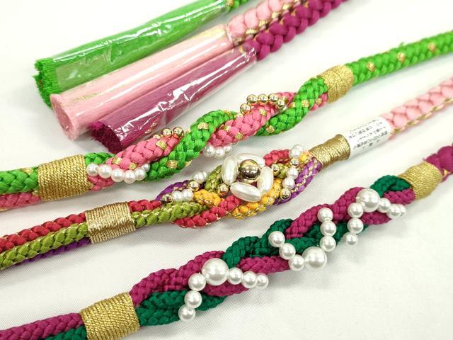 平和屋着物▼和装小物　帯締め３本セット　振袖用　飾り付き　パール　萌黄色　薄ピンク　梅紫　金糸　逸品　未使用　CABH2145ju