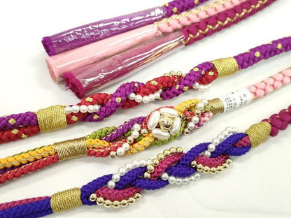 平和屋着物▼和装小物　帯締め３本セット　振袖用　飾り付き　パール　ピンク　紫　暗紅色　金糸　逸品　未使用　CABH2146ju