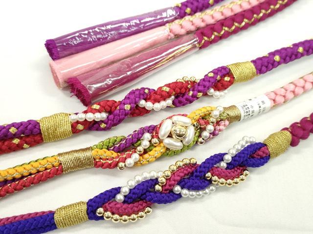 平和屋着物▼和装小物　帯締め３本セット　振袖用　飾り付き　パール　ピンク　紫　暗紅色　金糸　逸品　未使用　CABH2146ju