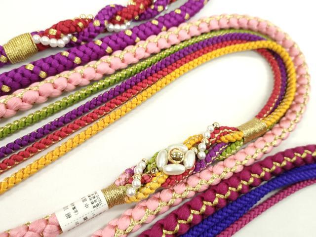 平和屋着物▼和装小物　帯締め３本セット　振袖用　飾り付き　パール　ピンク　紫　暗紅色　金糸　逸品　未使用　CABH2146ju