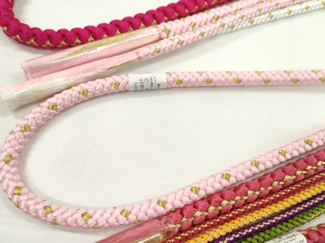 平和屋着物▼和装小物　帯締め３本セット　振袖用　飾り付き　パール　ピンク　ルビー色　真朱色　金糸　逸品　未使用　CABH2148ju