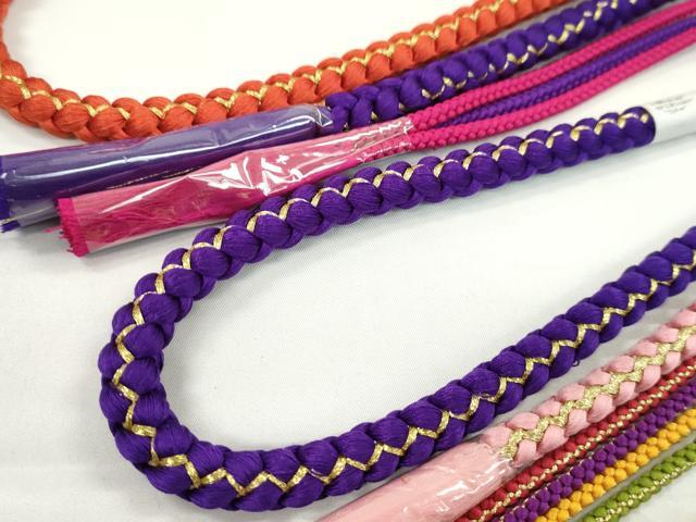 平和屋着物▼和装小物　帯締め３本セット　振袖用　飾り付き　パール　ピンク　紫　緋色　金糸　逸品　未使用　CABH2149ju