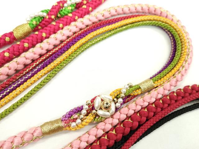 平和屋着物▼和装小物　帯締め３本セット　振袖用　飾り付き　パール　ピンク　赤　金糸　逸品　未使用　CABH2150ju