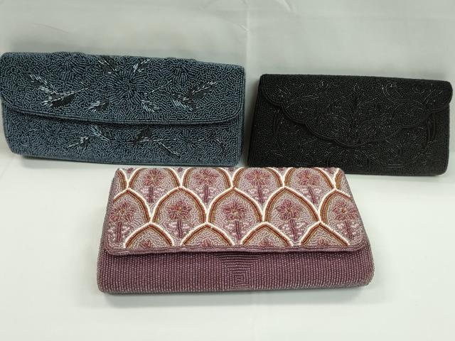 平和屋着物▼和装小物　和装バッグ　ビーズバッグまとめて３点　総ビーズ　枝花　唐草文　黒　紫　クラッチ　逸品　CABH2157ju