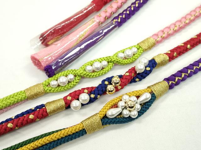 平和屋着物▼和装小物　帯締め３本セット　振袖用　飾り付き　パール　花　紫　赤　ピンク　金糸　逸品　未使用　CABH2257ju