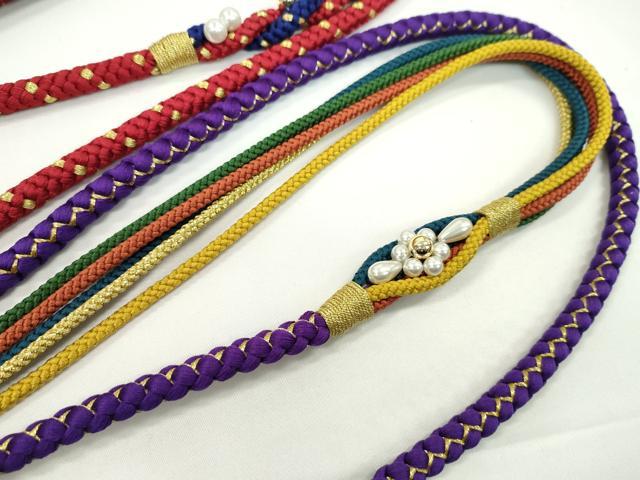 平和屋着物▼和装小物　帯締め３本セット　振袖用　飾り付き　パール　花　紫　赤　ピンク　金糸　逸品　未使用　CABH2257ju