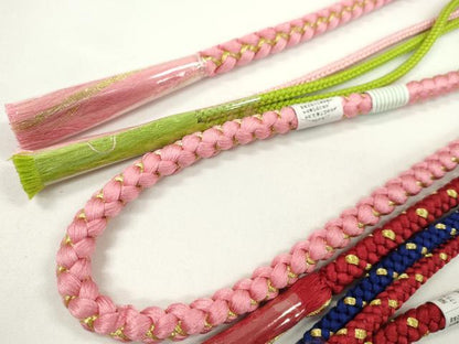 平和屋着物▼和装小物　帯締め３本セット　振袖用　飾り付き　パール　花　紫　赤　ピンク　金糸　逸品　未使用　CABH2257ju