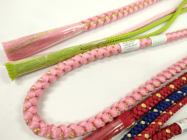 平和屋着物▼和装小物　帯締め３本セット　振袖用　飾り付き　パール　花　紫　赤　ピンク　金糸　逸品　未使用　CABH2257ju