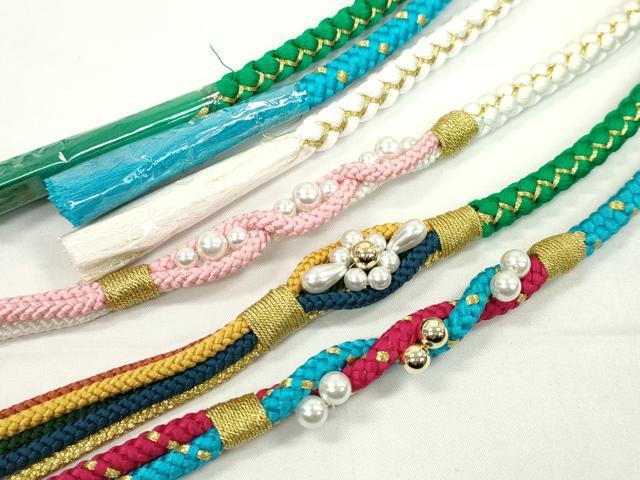 平和屋着物▼和装小物　帯締め３本セット　振袖用　飾り付き　パール　白　エメラルドグリーン　金糸　逸品　未使用　CABH2258ju