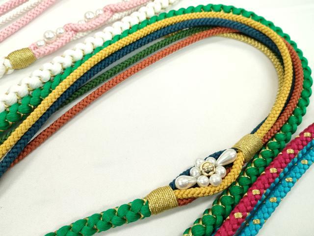 平和屋着物▼和装小物　帯締め３本セット　振袖用　飾り付き　パール　白　エメラルドグリーン　金糸　逸品　未使用　CABH2258ju