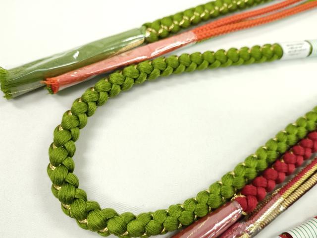 平和屋着物▼和装小物　帯締め３本セット　振袖用　飾り付き　パール　花　赤　黄金色　草色　金糸　逸品　未使用　CABH2261ju