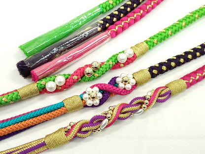 平和屋着物▼和装小物　帯締め３本セット　振袖用　飾り付き　パール　花　マゼンタ　紫紺色　黄緑　金糸　逸品　未使用　CABH2262ju
