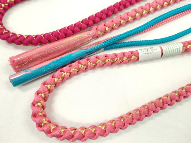 平和屋着物▼和装小物　帯締め３本セット　振袖用　飾り付き　パール　花　桃色　マゼンタ　萌黄色　金糸　逸品　未使用　CABH2266ju