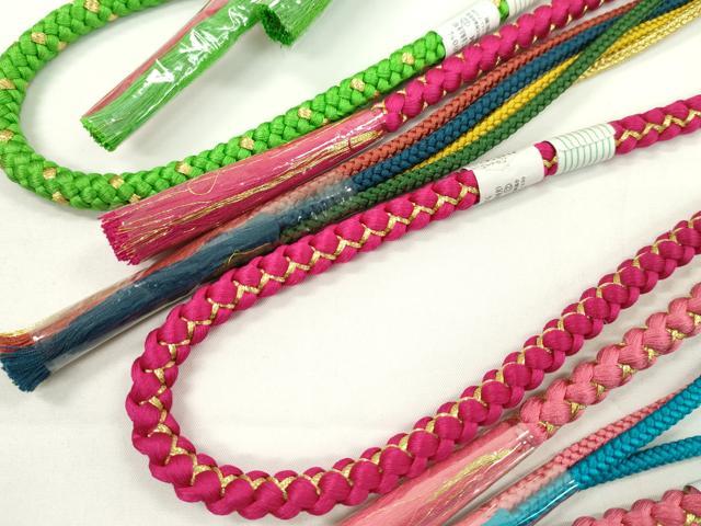 平和屋着物▼和装小物　帯締め３本セット　振袖用　飾り付き　パール　花　桃色　マゼンタ　萌黄色　金糸　逸品　未使用　CABH2266ju