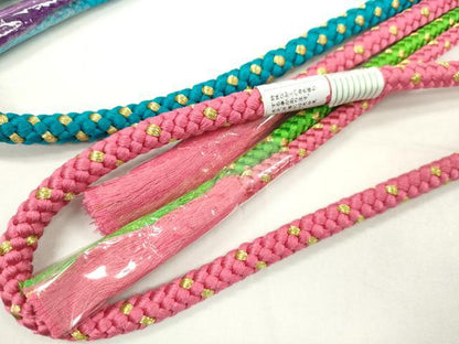 平和屋着物▼和装小物　帯締め３本セット　振袖用　飾り付き　パール　花　ピンク　シアン　緑青色　金糸　逸品　未使用　CABH2268ju