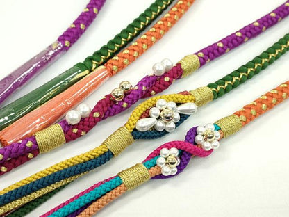 平和屋着物▼和装小物　帯締め３本セット　振袖用　飾り付き　パール　花　オレンジ　紫　千歳緑　金糸　逸品　未使用　CABH2269ju